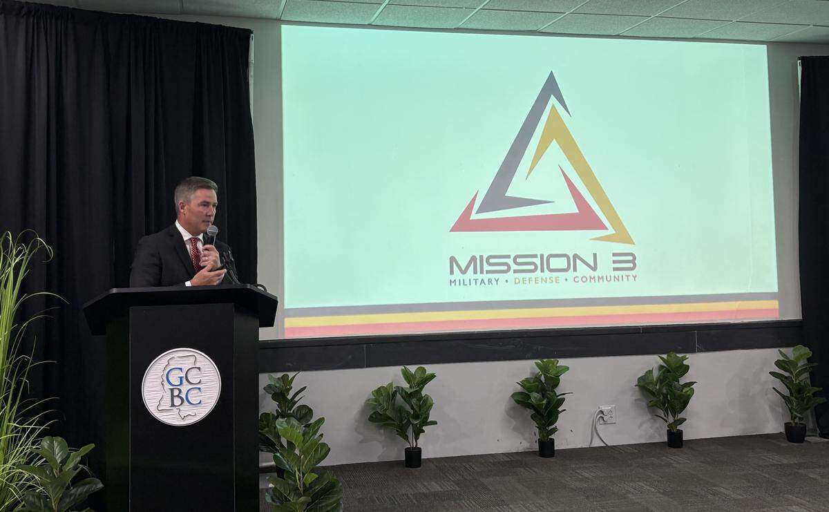 Gulf Coast Business Council CEO Jamie Miller talks to members Thursday morning about Mission 3, an organization being created to strengthen South Mississippi’s military economy. Mission 3 will coordinate efforts to bring more missions to South Mississippi’s military installations, with potential for business spin-offs.