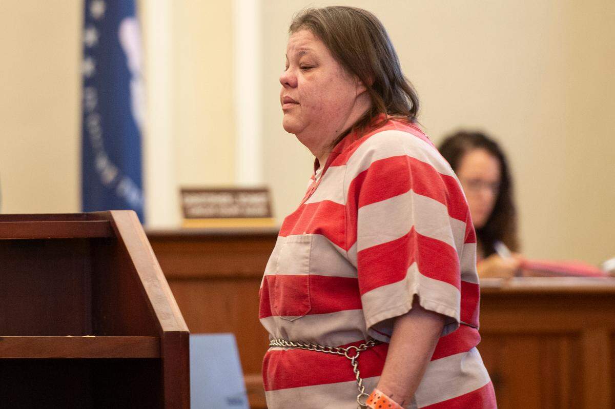 Angela James leaves the courtroom after pleading guilty to manslaughter in Hancock County Circuit Court on Monday, June 17, 2024.