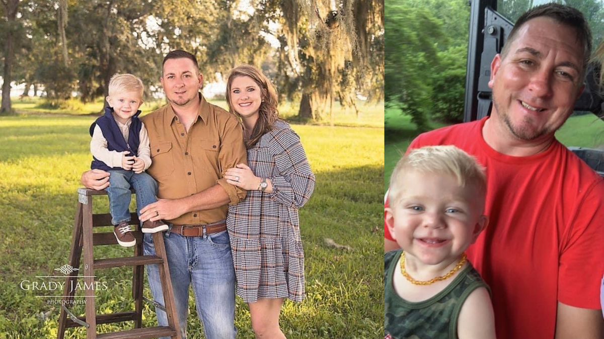 David Scarborough, 36, disappeared Thursday, December 29, 2022, when the helicopter he was on departing an oil platform crashed into the Gulf of Mexico. His wife, Lacy, is pregnant with their second son, Sutton. Their son pictured here, Sawyer, died in an accidental drowning in March.