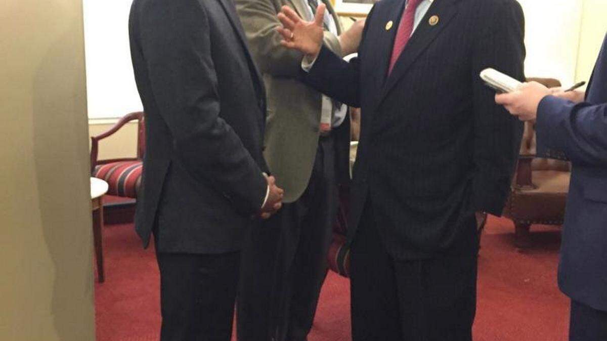 Idaho pastor Saeed Abedini with North Carolina Rep. Robert Pittenger during a reception Thursday in the Lincoln Room of the U.S. Capitol. Abedini spent three years in an Iranian prison. He was released in an exchange with the United States. (Jess Nocera/McClatchy/TNS)