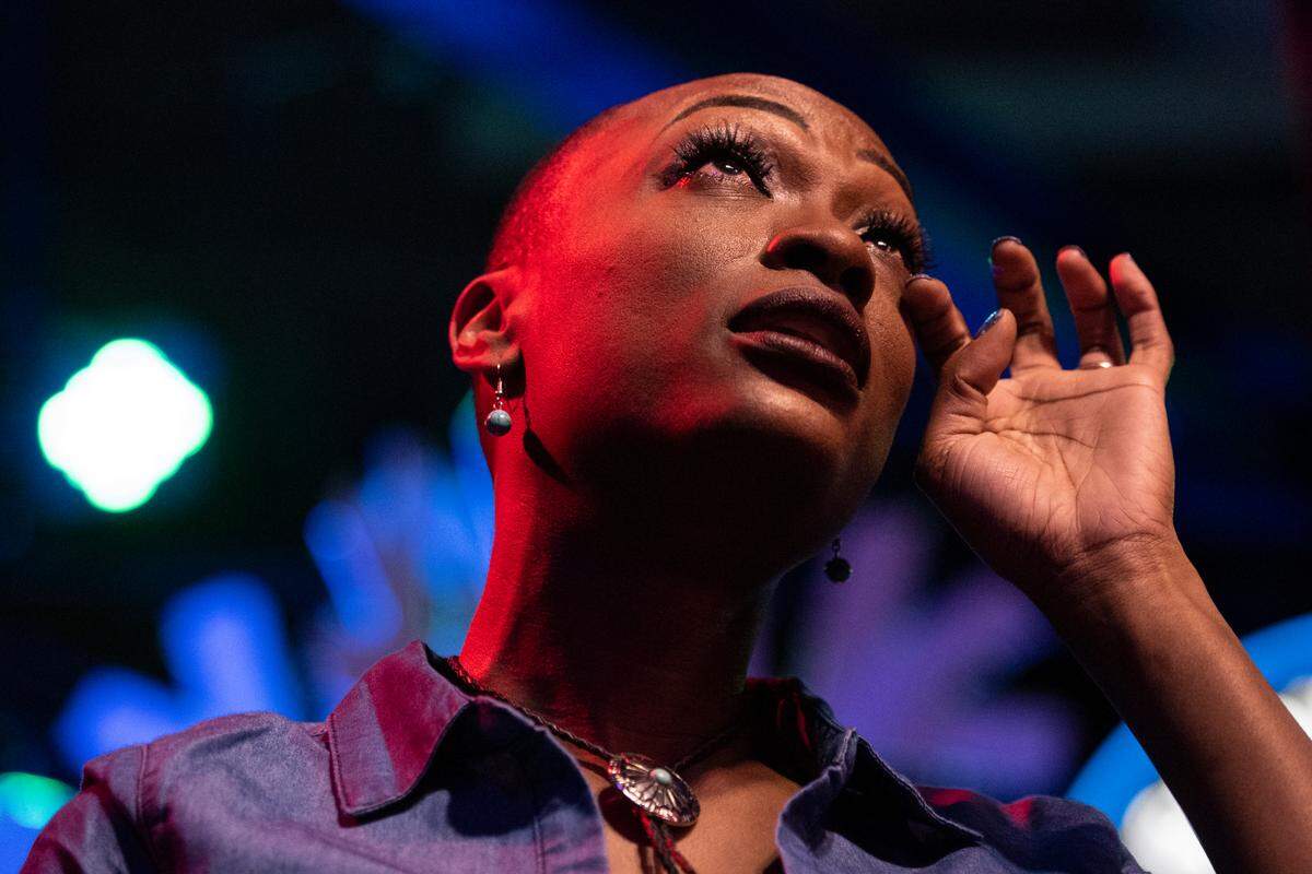 Chapel Hart’s Trea Swindle tears up as the group talks about the loss of their grandmother during their show at Ground Zero Blues Club in Biloxi on Wednesday, Nov. 30, 2022.