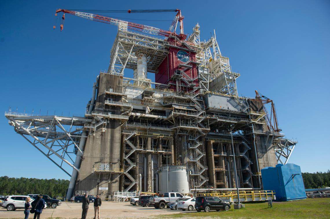 The B1 and B2 test stands at Stennis Space Center in Bay St. Louis on Wednesday, April 3, 2024. Artemis mission rockets are assembled and tested at Stennis, but the program would be phased out under President Donald Trump’s proposed budget.