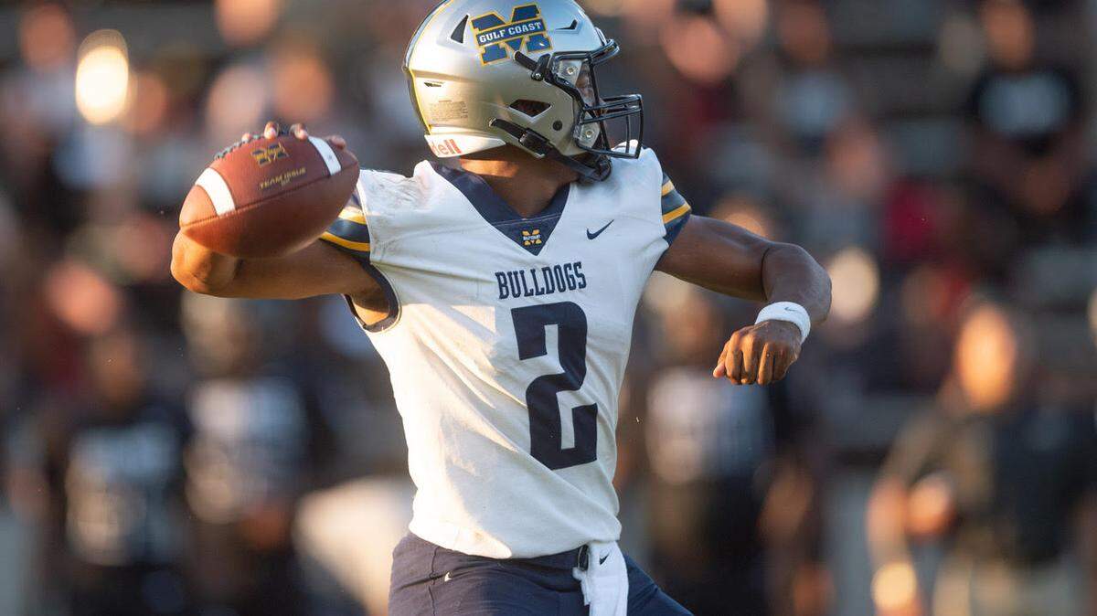 MS Gulf Coast QB DeCarlos Nicholson drops back to pass in a NJCAA football game against the Holmes Community College Bulldogs on Sept 2, 2021. (Photo by Jared Thomas)