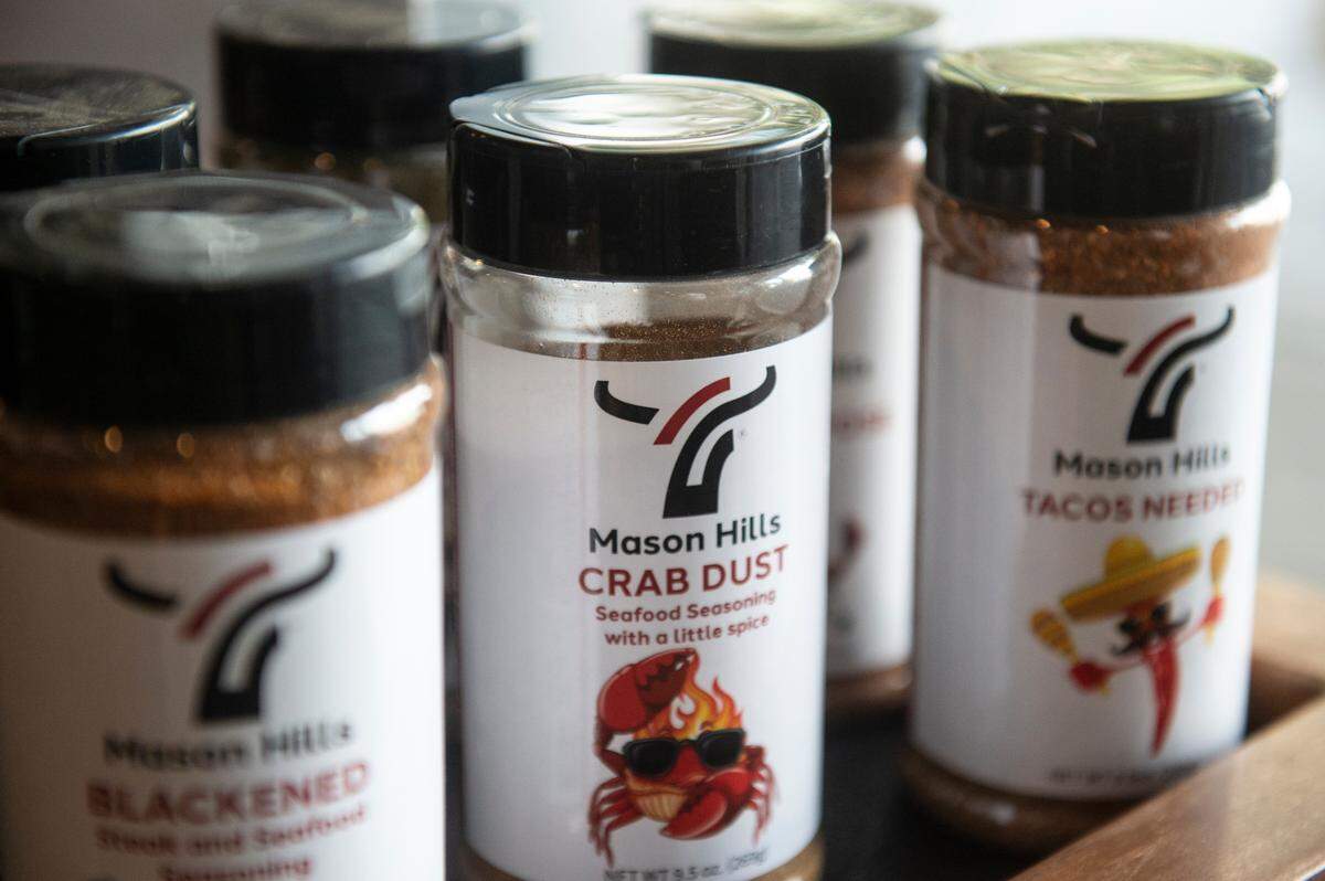 Seasoning blends from Joseph Mason’s farm, Mason Hills, are featured and for sale at Mason’s new butcher shop and restaurant, 4-Bulls Farm To Table, in Ocean Springs.