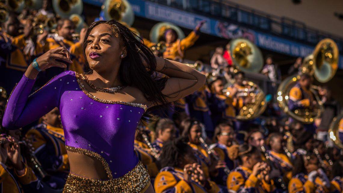 Alcorn State University Golden Girls performing with the Sounds of Dynomite Marching Band at MGM Park on Martin Luther King Jr. Day 2019. The school is one of two historically Black colleges in Mississippi that received generous donations from billionaire philanthropist MacKenzie Scott.