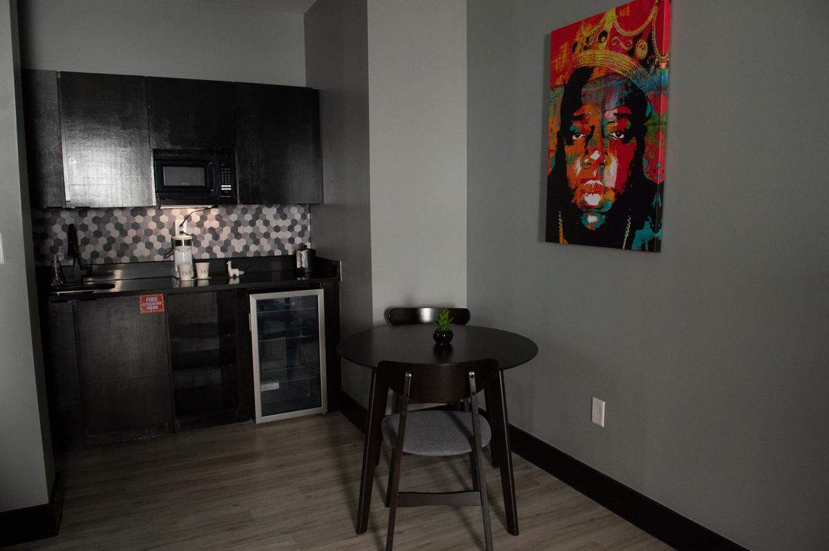 A kitchenette inside the rapper themed room at The Bella, a boutique hotel in Biloxi, on Wednesday, Sept. 13, 2023. The hotel’s rooms all have different modern themes related to today’s pop culture.