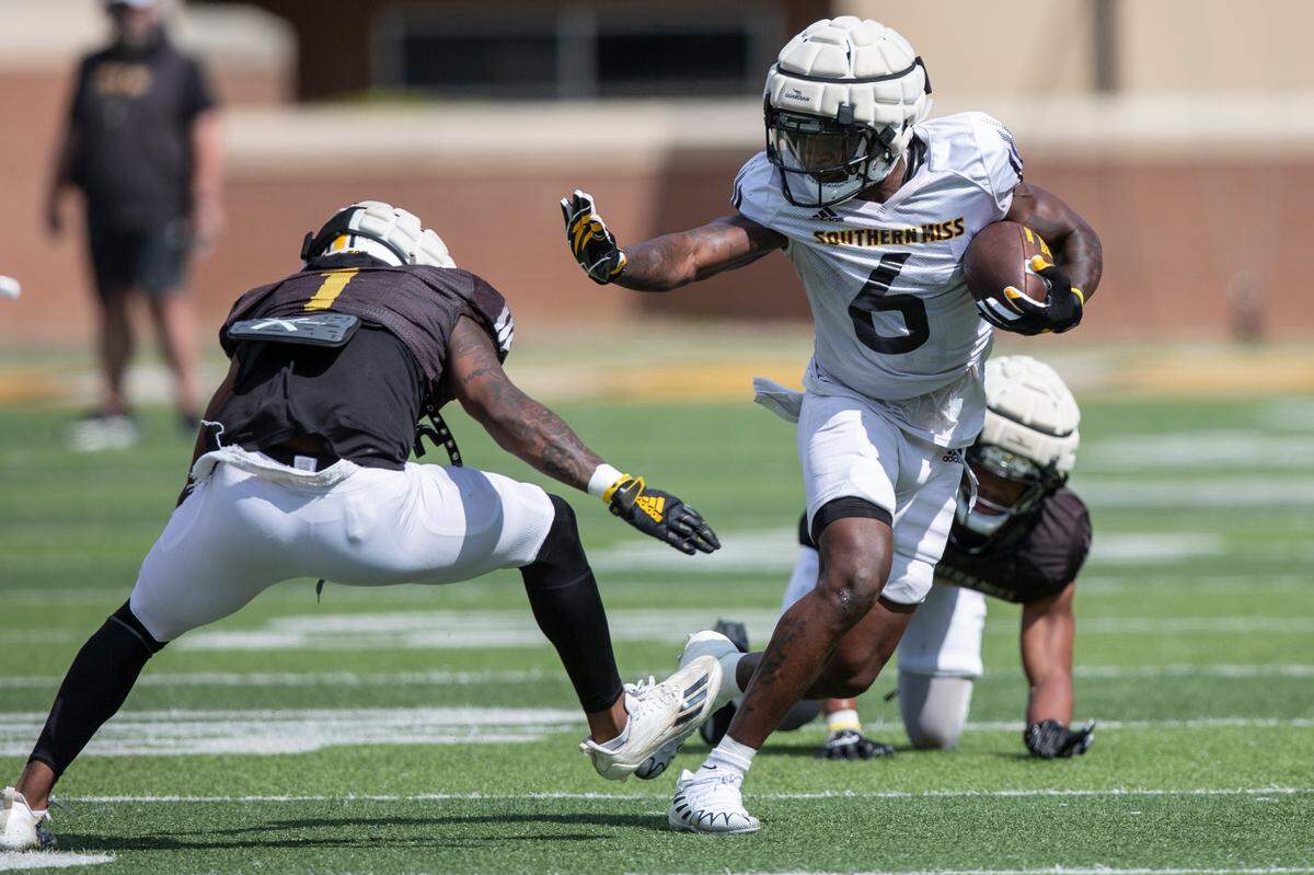 Southern Miss’ Latreal Jones runs the ball during a scrimmage at M.M. Roberts Stadium in Hattiesburg on Saturday, March 25, 2023.