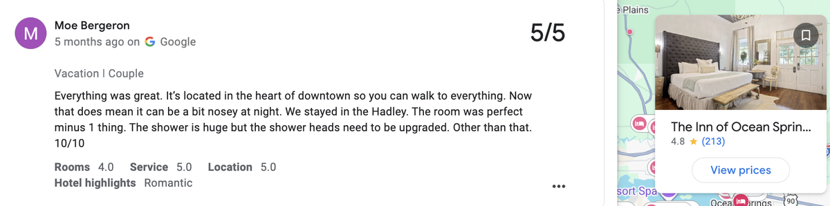 The Inn of Ocean Springs has a 4.8-star rating on Google reviews.