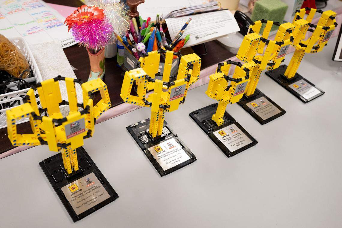 Trophies from the Mississippi First LEGO League Challenge are displayed at D’Iberville Middle School on Wednesday.