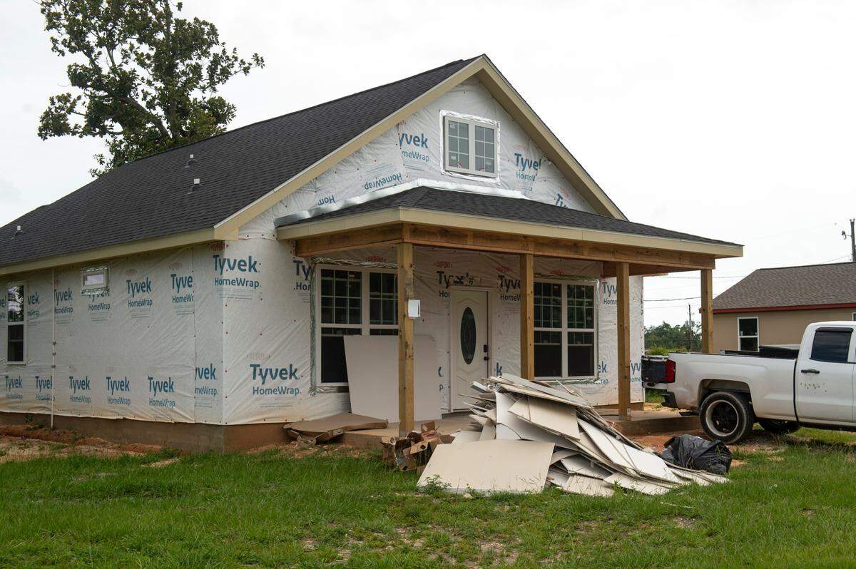 A home being rebuilt on Ely Street in Moss Point on Tuesday, June 18, 2024. The home was significantly damaged in a tornado that struck the area in June 2023.
