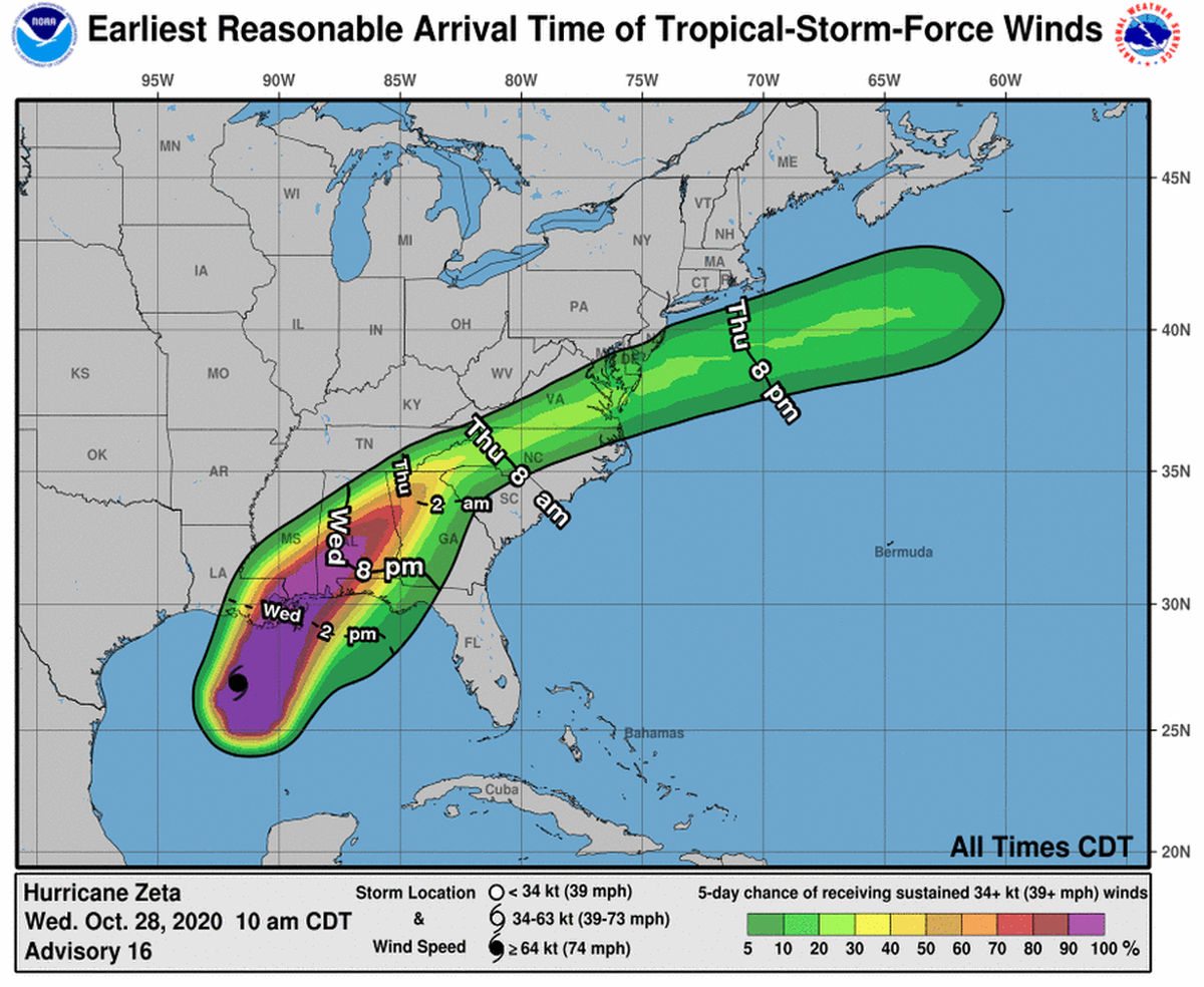 Tropical storm-force winds are forecast to arrive in the northern U.S. Gulf Coast by early Wednesday, maps show.