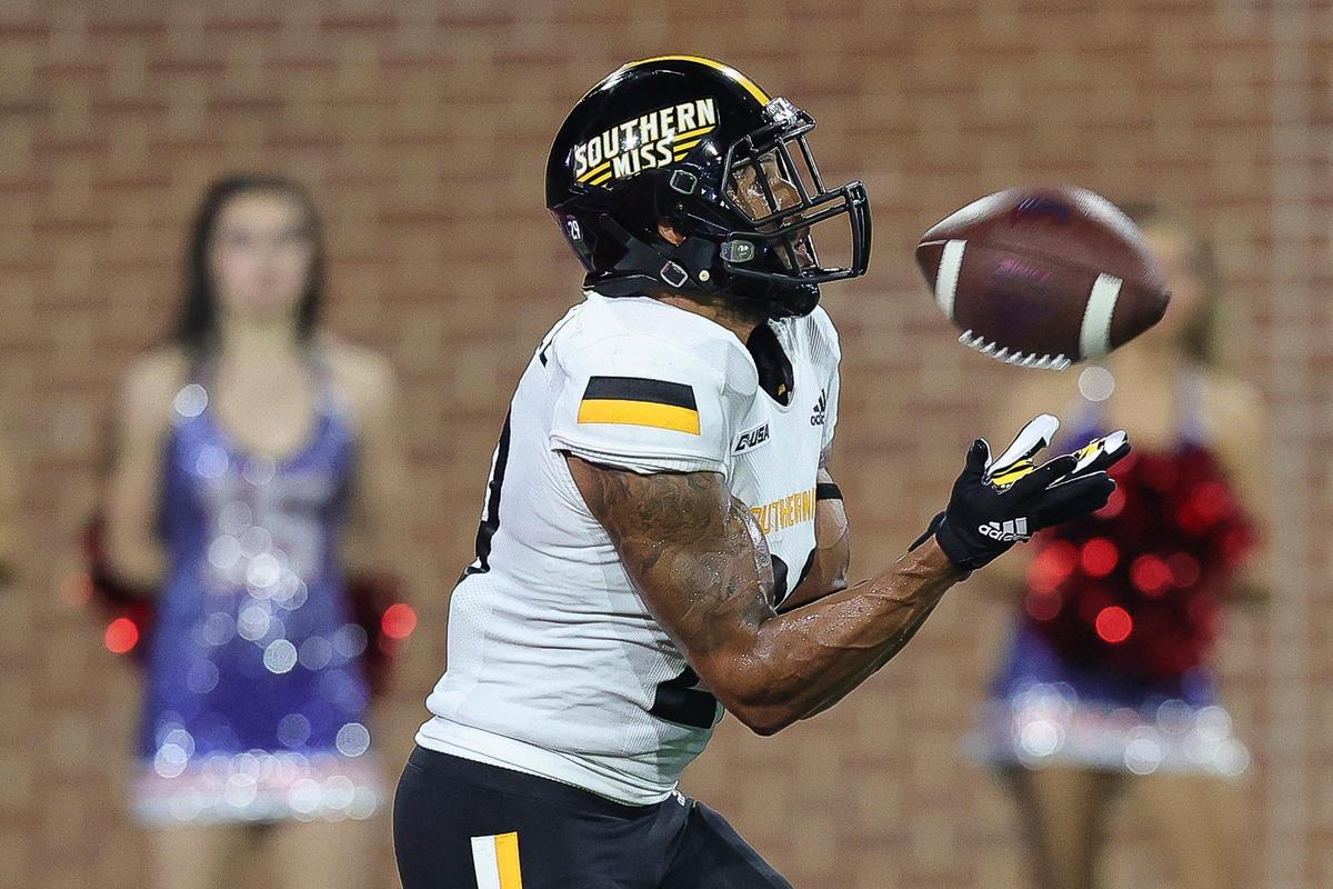 Southern Miss Golden Eagles Camron Harrell (29) receives a kickoff during the game between Southern Miss and South Alabama at Hancock Whitney Stadium, Mobile, Alabama, September 4, 2021.