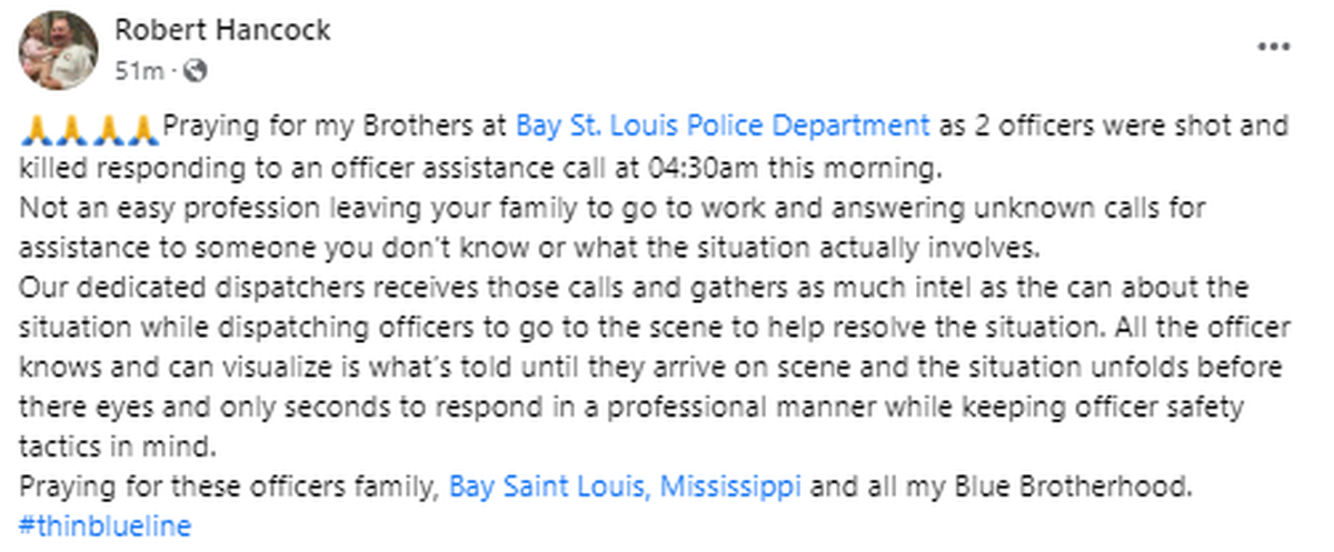 In a post on Facebook, Rankin Constable Robert Hancock says he’s praying for Bay St. Louis PD.