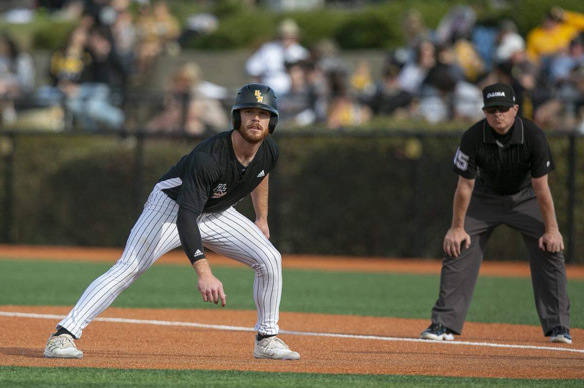 Slade Wilks leads off first base during a game against Florida Atlantic University at Pete Taylor Park in Hattiesburg on Saturday, March 19, 2022.