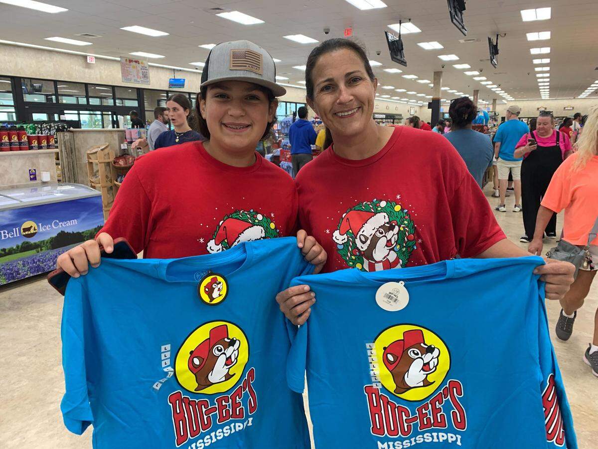 Jackie LeBlanc (right) and daughter Amelia LeBlanc, of Kiln, were among the first customers Monday, June 9, 2025, at the new Buc-ee’s in Harrison County.