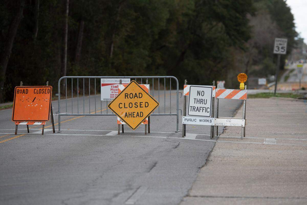 Hanshaw Road in Ocean Springs on Monday, March 10, 2025. The road is closed between Cabildo Place Avenue and Old Spanish Trail.