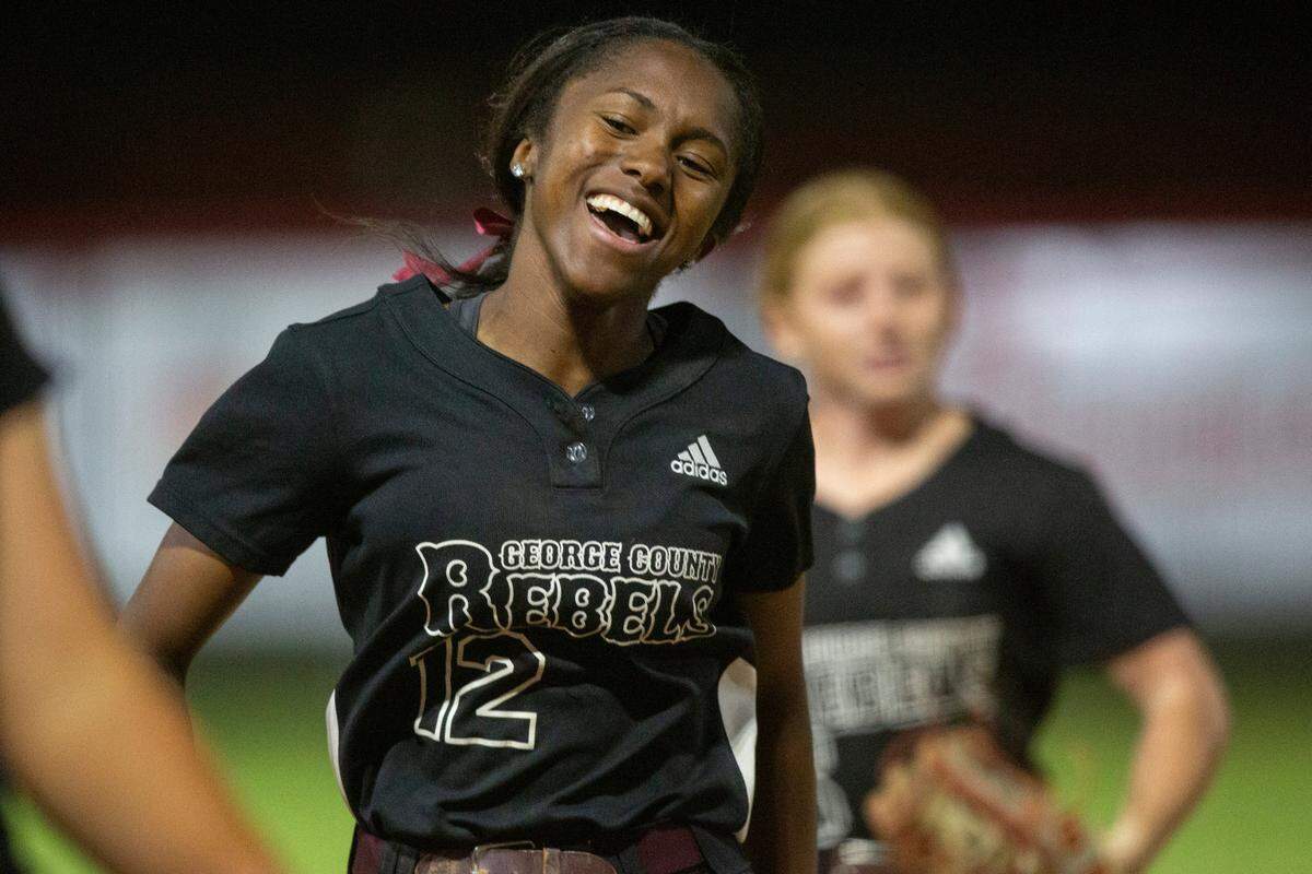 George County’s Jordyn Bradley reacts during a softball game between George County and Hancock at Hancock High in Kiln on Tuesday, March 18, 2025.