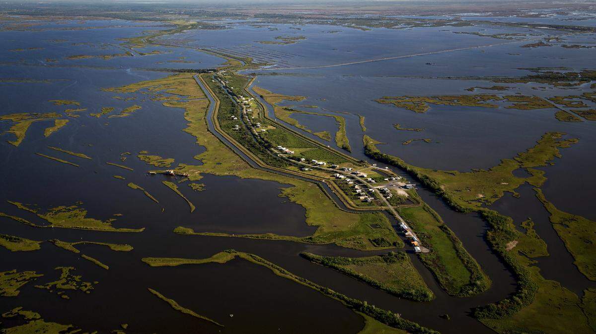 An aerial view of Isle de Jean Charles, La., April 7, 2016. A $48 million grant for Isle de Jean Charles is the first allocation of federal tax dollars to move an entire community struggling with the effects of climate change. 