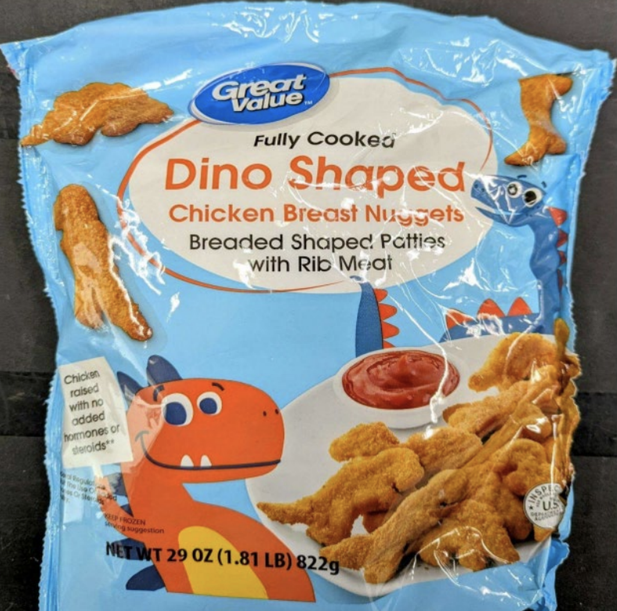 Packaging of the contaminated frozen dinosaur-shaped chicken nuggets sold at Walmart stores nationwide.
