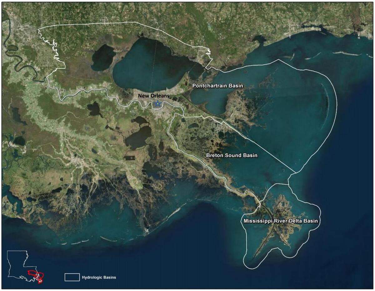 This map shows Breton Sound, where the mid-Breton diversion would send Mississippi River water continuously into the waterway and Mississippi Sound beyond.
