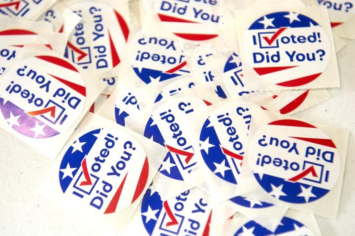 “I voted” stickers await those who completed their ballots at the St. Martin Community Center in Jackson County Tuesday morning. A big turnout is reported across the state, with few problems at the polls.