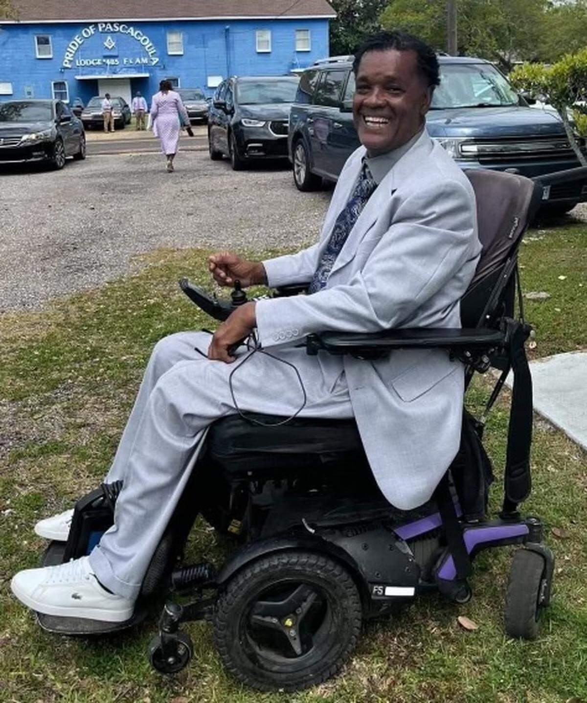 Jackie Davis smiles in his wheelchair. The well known resident of Pascagoula died Wednesday after a debris truck struck him near an intersection.