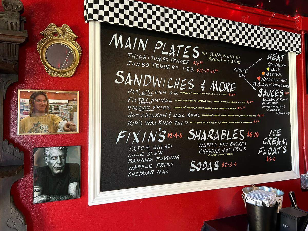 The chalk menu at Rip ‘N Hot Chicken in Biloxi, Mississippi.
