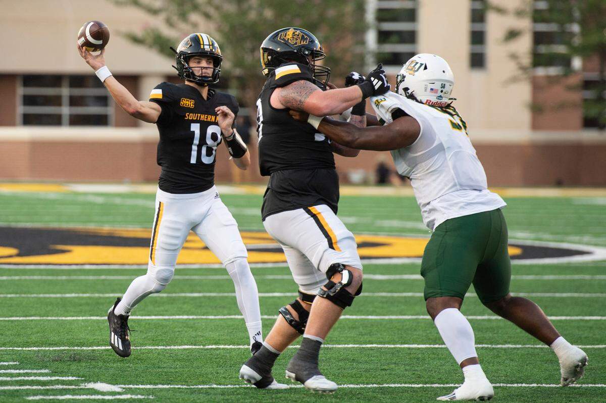 Southern Miss Golden Eagles quarterback Tate Rodemaker (18) throws a pass during a game between Southern Miss and Southeastern Louisiana at M.M. Roberts Stadium in Hattiesburg on Saturday, Sept. 7, 2024.