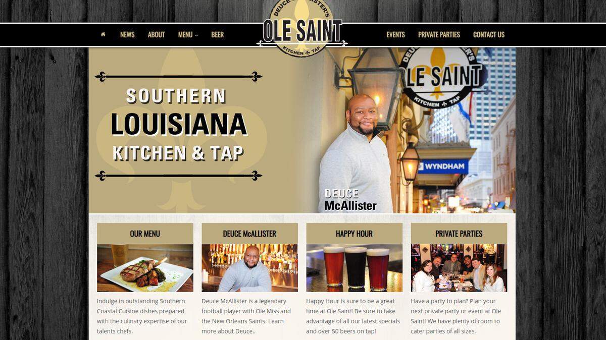 This website screenshot of former Saints player Deuce McCallister’s restaurant Ole Saint, which is opening a location in Biloxi’s Boomtown Casino.