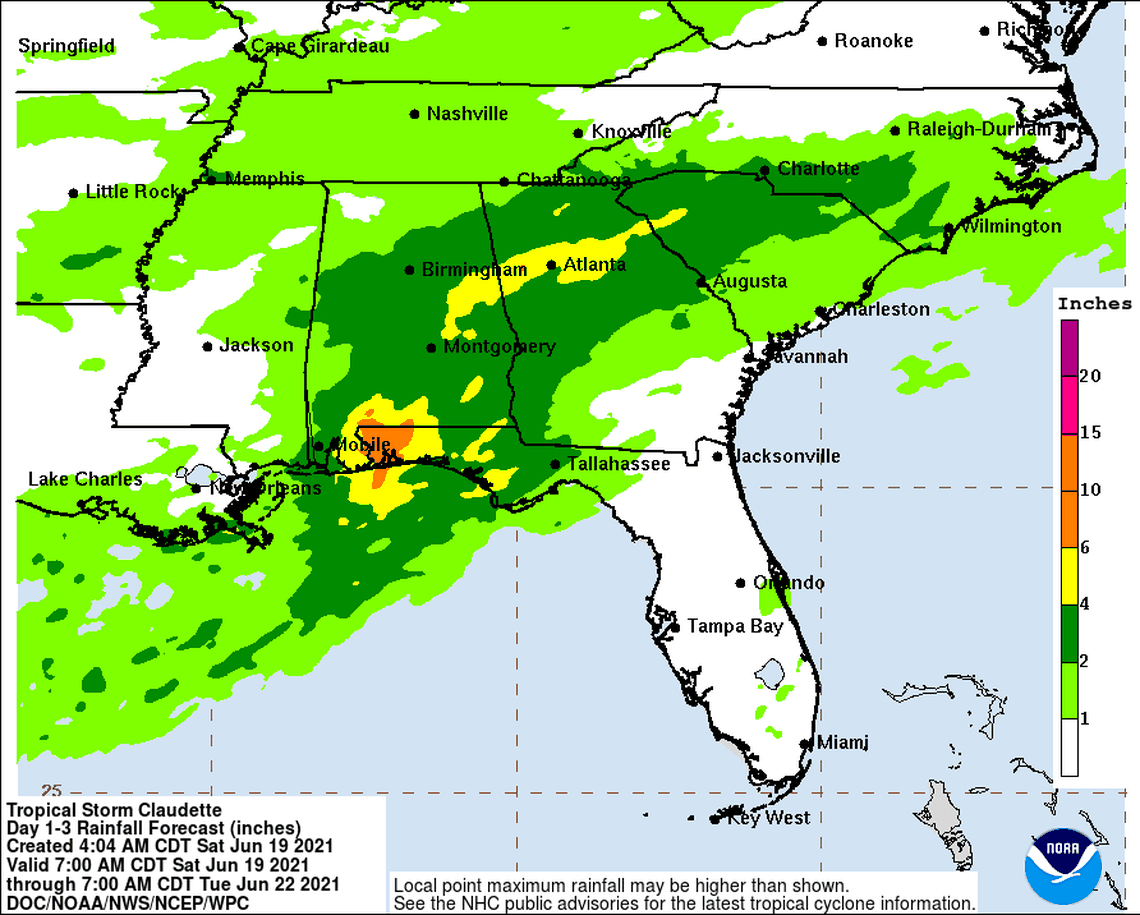 This NOAA graphic shows the threat of heavy rain from Tropical Storm Claudette moved north and east, away from South Mississippi, on Saturday,