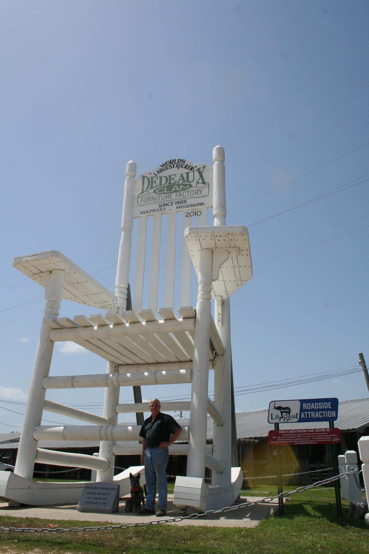 In 2005, Hurricane Katrina stripped some of the paint from the chair and knocked it off its rockers. The Dedeaux family quickly set it upright, and a nearby hotel chain later stepped in to help with repairs.