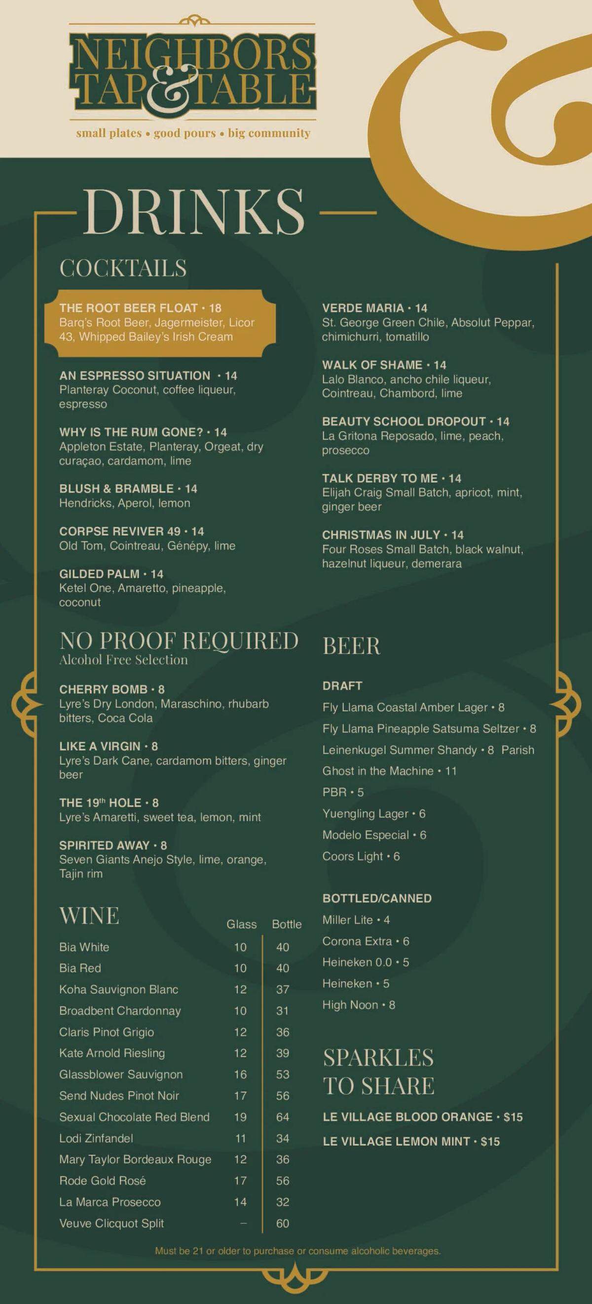 The drinks menu at Neighbors Tap & Table.