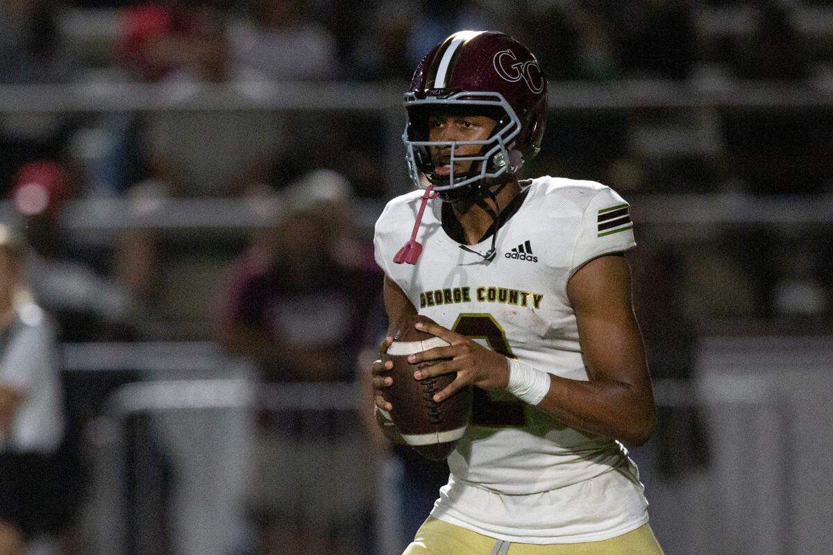 George County’s Deuce Knight looks to throw a pass during a game between George County and Picayune at Lee-Triplett Stadium in Picayune on Friday, Nov. 1, 2024.