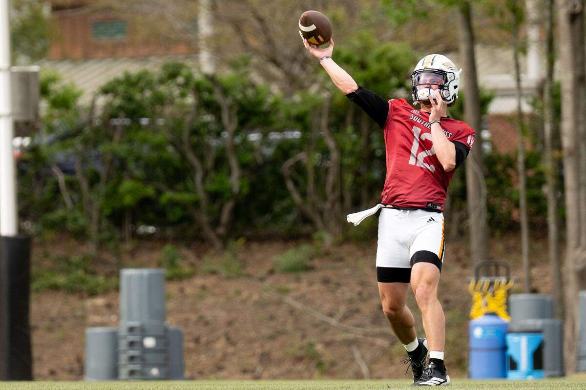 Southern Miss quarterback John White (12) throws a pass during spring practice in Hattiesburg on Tuesday, March 24, 2026.