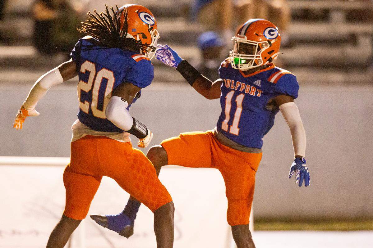 Gulfport’s Pierre Felder and Zion Barney celebrate after a play during a game against Ocean Springs at Milner Stadium in Gulfport on Friday, Oct. 27, 2023. Ocean Springs beat Gulfport 30-7.