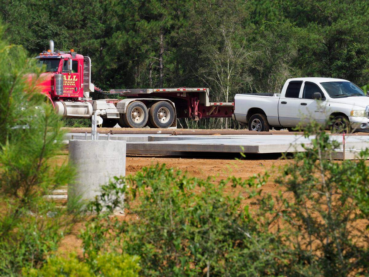 Stewart-Perry crews pre-placed the wall supports on this panel that is ready to be lifted into place as part of the construction of the new Buc-ee’s travel center in South Mississippi.