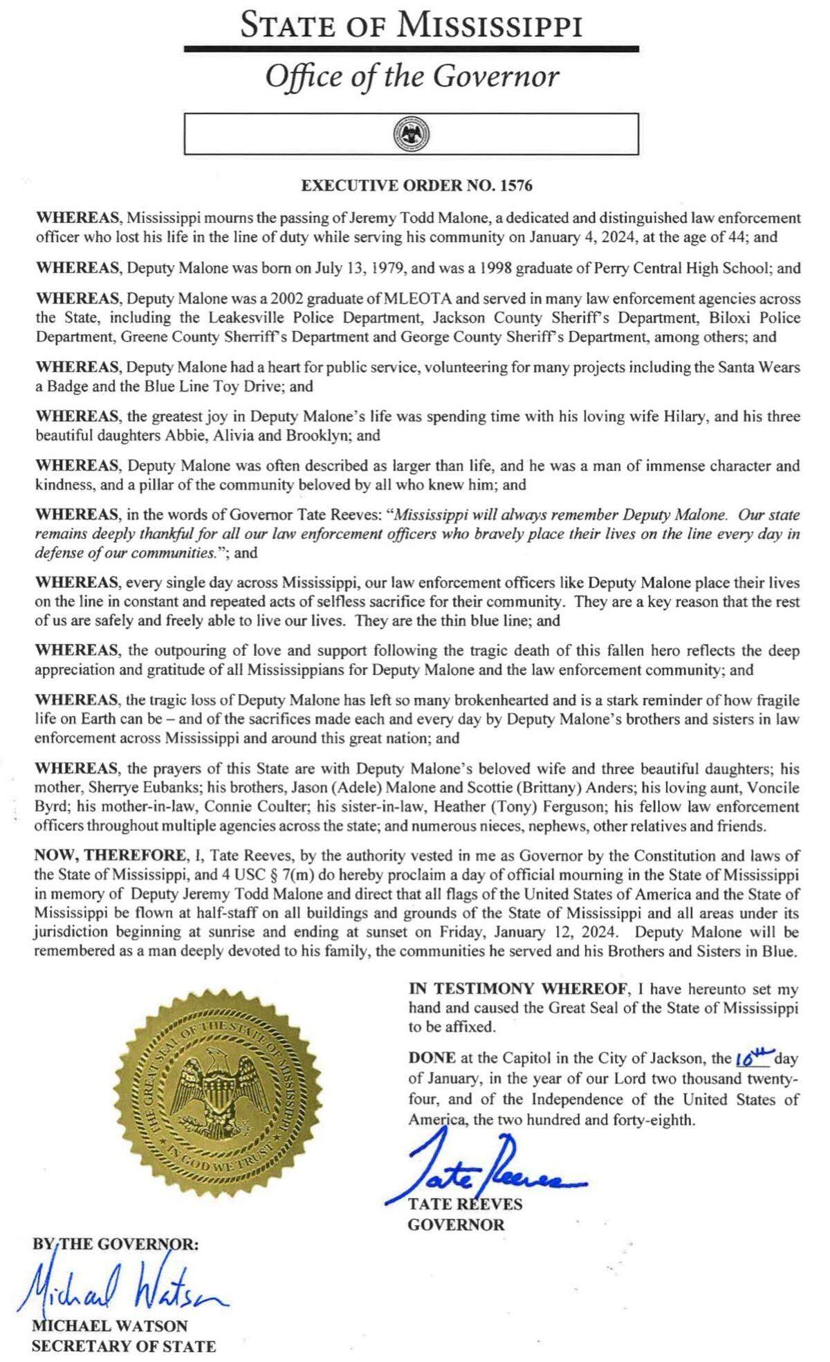 The proclomation, signed by Mississippi Gov. Tate Reeves, in honor of George County Deputy Jeremy Malone.