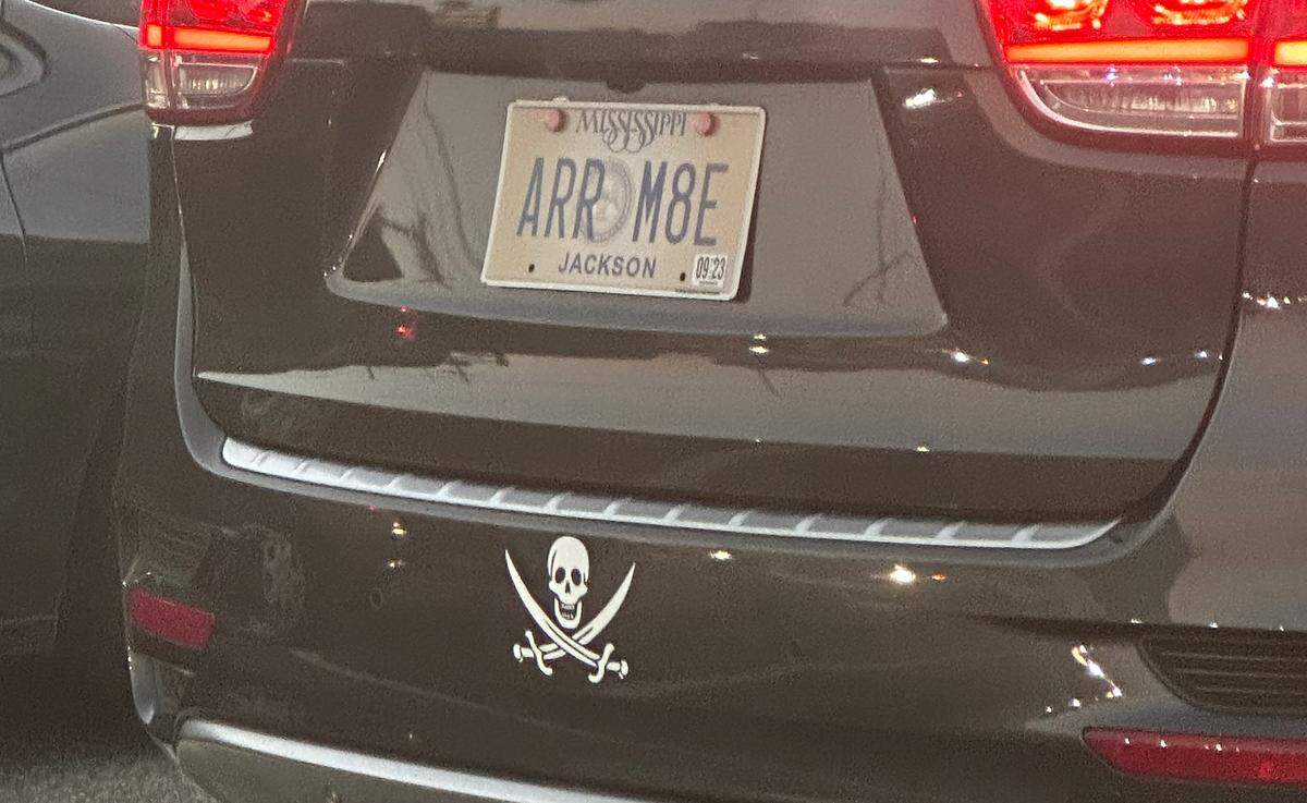 This driver must be saying, “it’s a pirate’s life for me” with the “ARR M8E” license plate and accompanying pirate sticker.