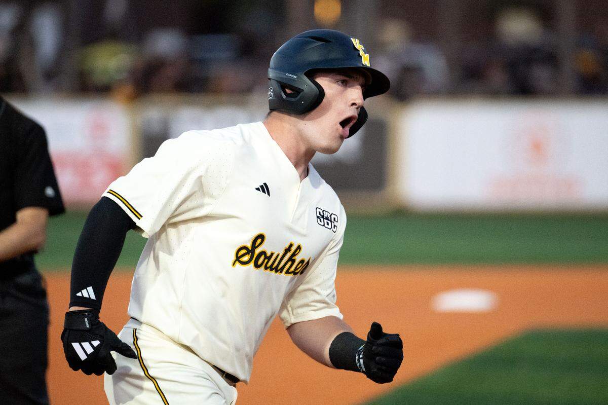 Southern Miss infielder Kyle Morrison (17) celebrates a run during a baseball game at Pete Taylor Park in Hattiesburg on Tuesday, March 10, 2026.