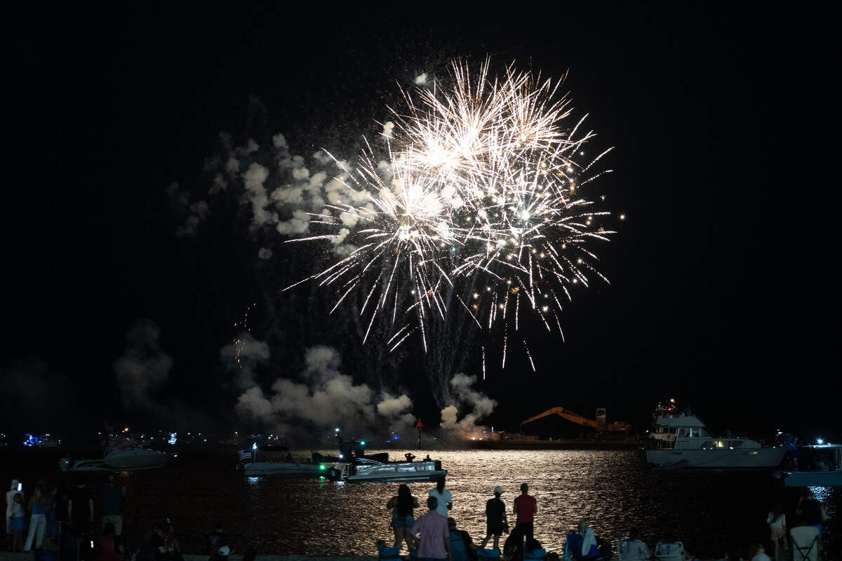 Fireworks are shot into the air during the annual show over the Mississippi Sound on Saturday, July 4, 2026.