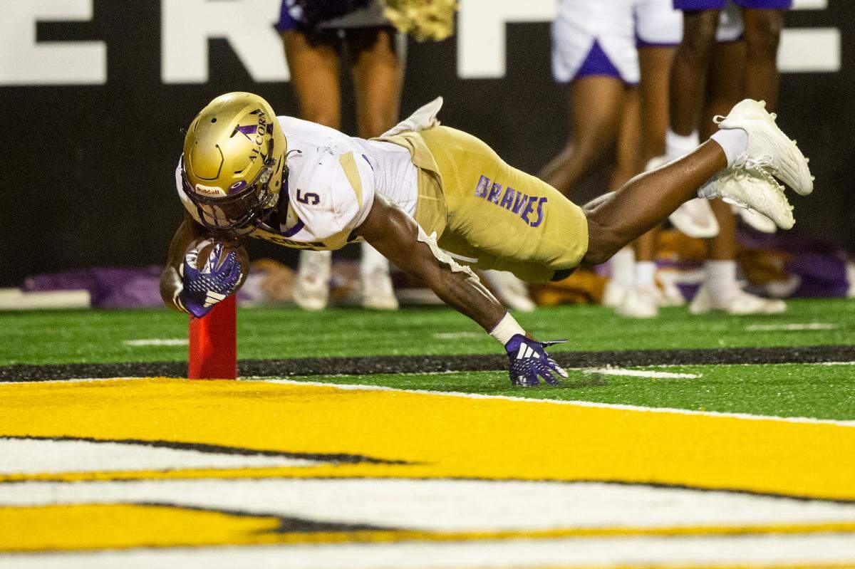 Alcorn State Braves running back Niko Duffey (5) scores a touchdown during a Southern Miss game at M.M. Roberts Stadium in Hattiesburg on Saturday, Sept. 2, 2023.