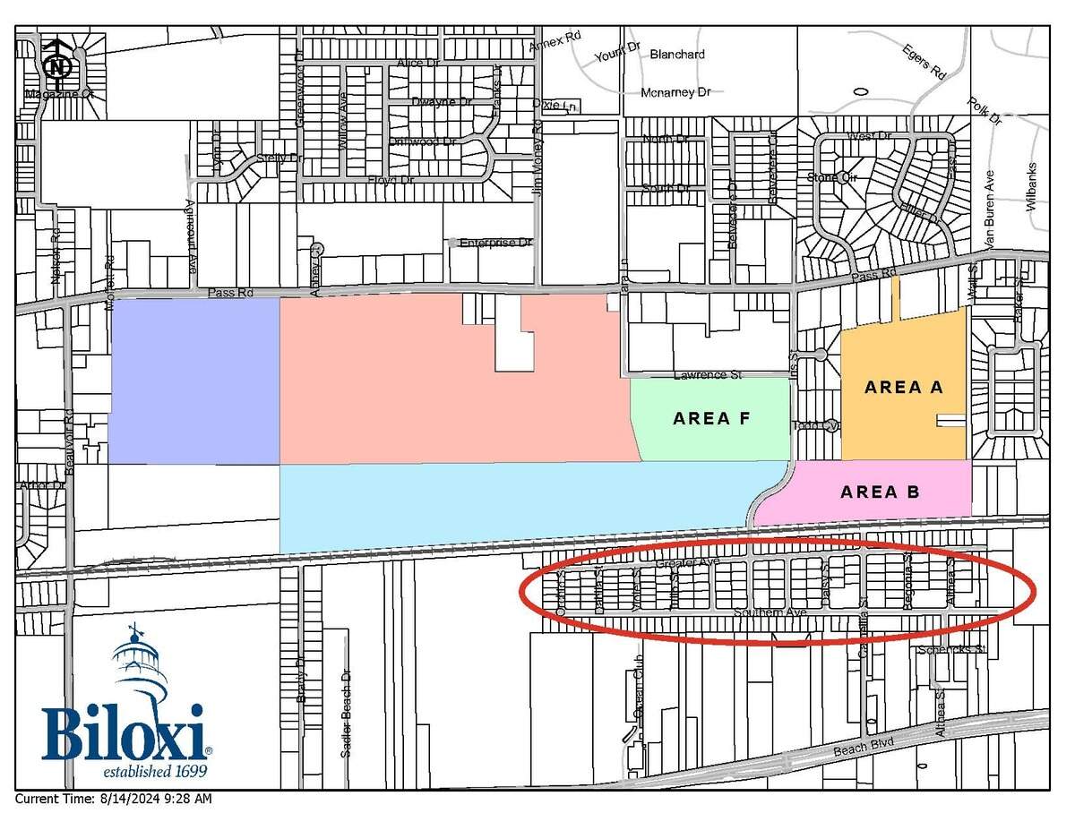 Residents of the Greater Southern Subdivision, circled, say homeless people living on property shown in the highlighted areas, have been creating problems, leading the city to clean Area F, which the school district owns. The owners of the former Broadwater Beach Resort have also cleared about 16 acres of their property, shown as Area B. An estate owns Area A. Most of the land between Iris Street and Beauvoir Road, and the beach highway and Pass Road to the north and south, are part of the 266-acre Broadwater property, which includes a former golf course.