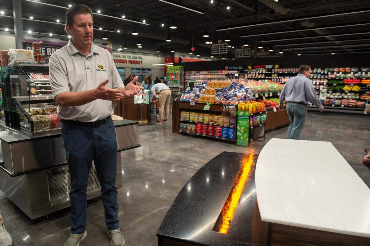 Vince Campbell, of Campbell Provisions, a local provider of Boar’s Head deli meats, shows off a display where they will offer samples at Rouses Market’s latest location on Pass Road in Biloxi on Tuesday, Oct. 15, 2024.