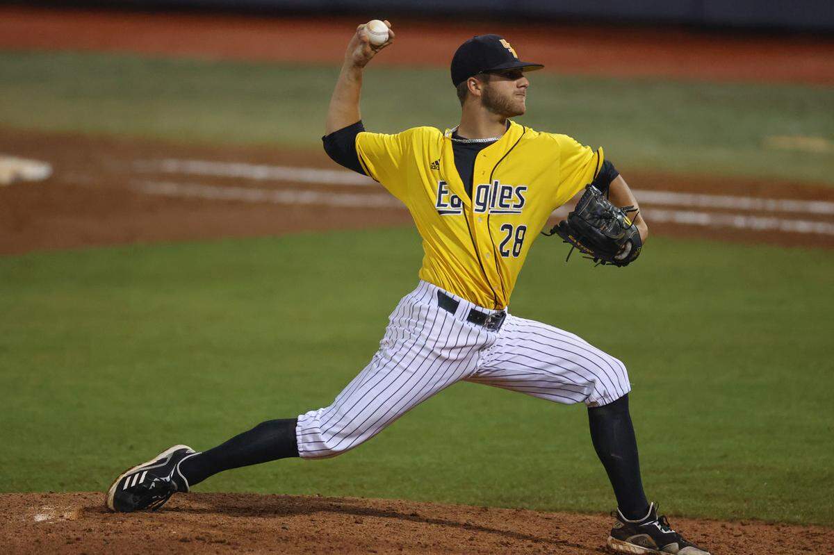 Southern Miss pitcher Tanner Hall (28) closes for the Golden Eagles during an NCAA Baseball Oxford Regional game between Ole Miss and Southern Miss at Swayze Field, Oxford, MS, Sunday, June 6, 2021.