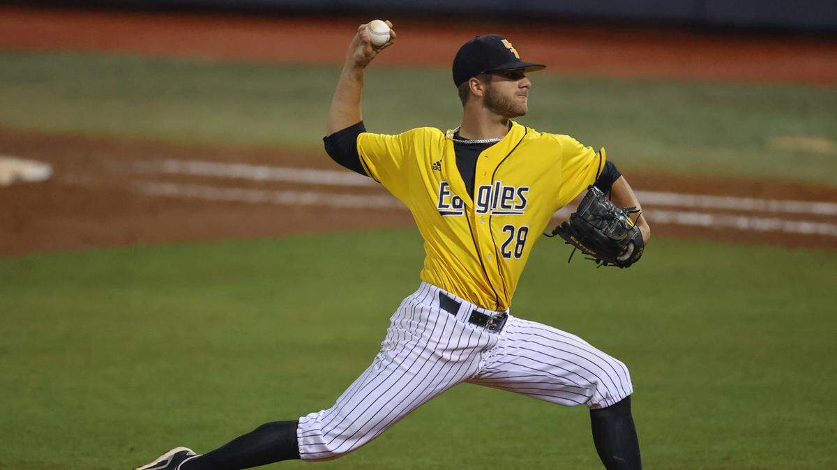 Southern Miss pitcher Tanner Hall (28) closes for the Golden Eagles during an NCAA Baseball Oxford Regional game between Ole Miss and Southern Miss at Swayze Field, Oxford, MS, Sunday, June 6, 2021.