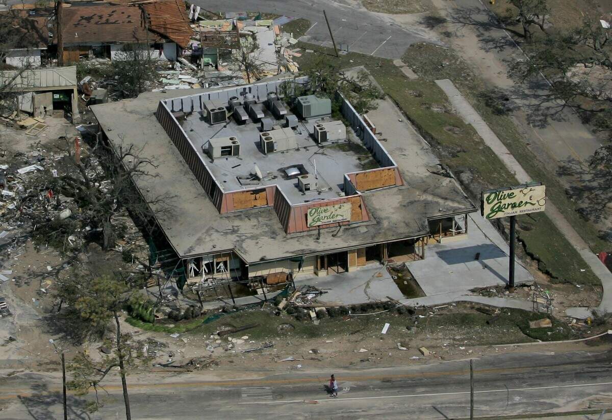 Olive Garden property on DeBuys Road at U. S. 90, right, in Biloxi, the morning after Hurricane Katrina struck the Mississippi Gulf Coast in 2005. A developer has plans for the site after almost 17 years.