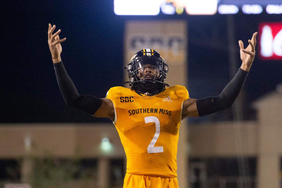 Southern Mississippi running back Chandler Pittman (2) hypes up the crowd during a NCAA college football game against Liberty in Hattiesburg, Miss., Saturday, Sept. 3, 2022. Southern Mississippi lost 29-27