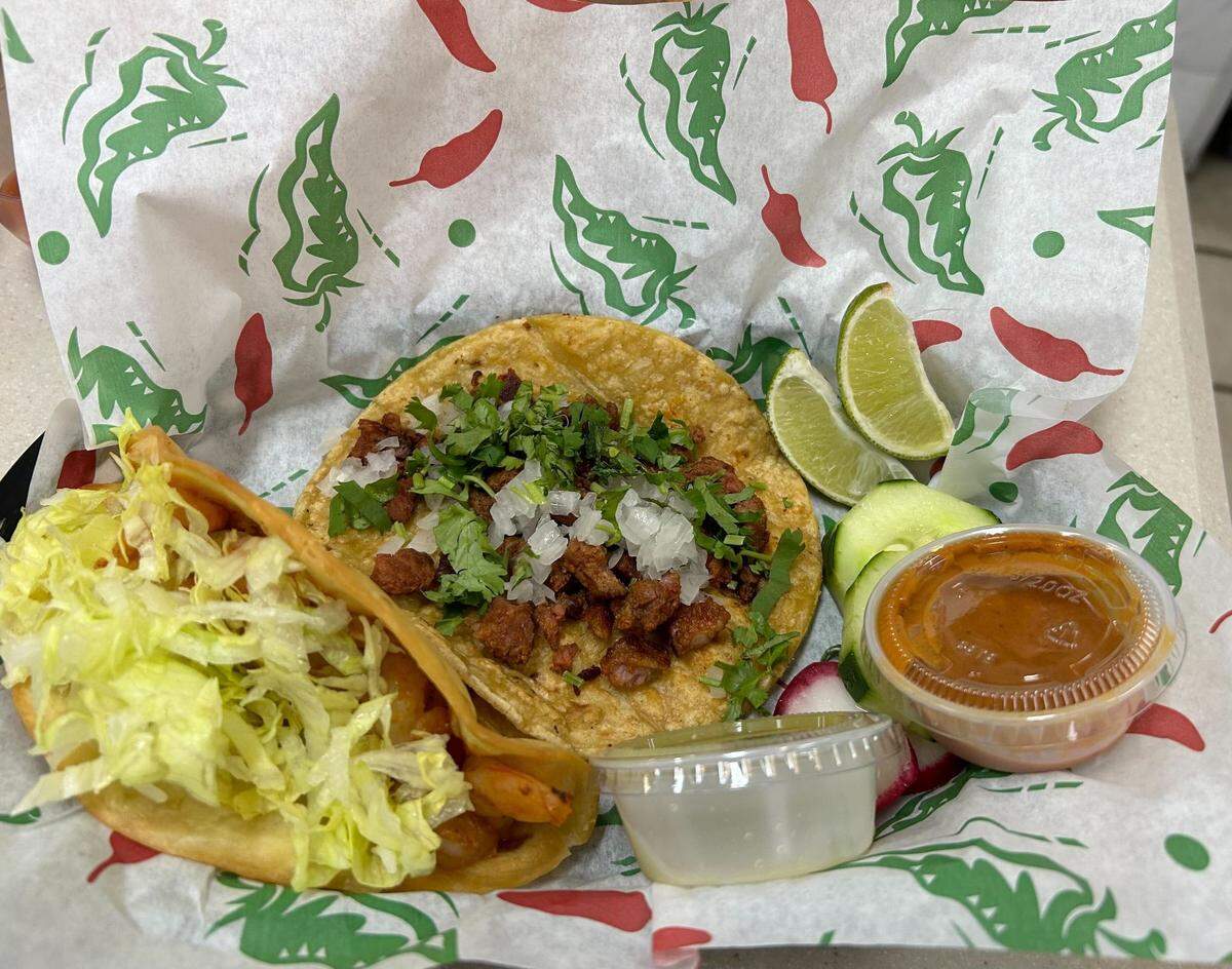 The asada street taco and shrimp taco from Cactus Burritos and Tacos in Biloxi, Mississippi.