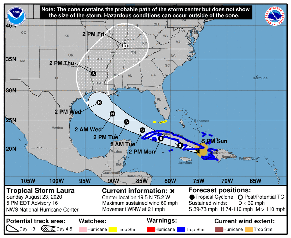 Forecast track for Tropical Storm Laura as of 4 p.m. Sunday