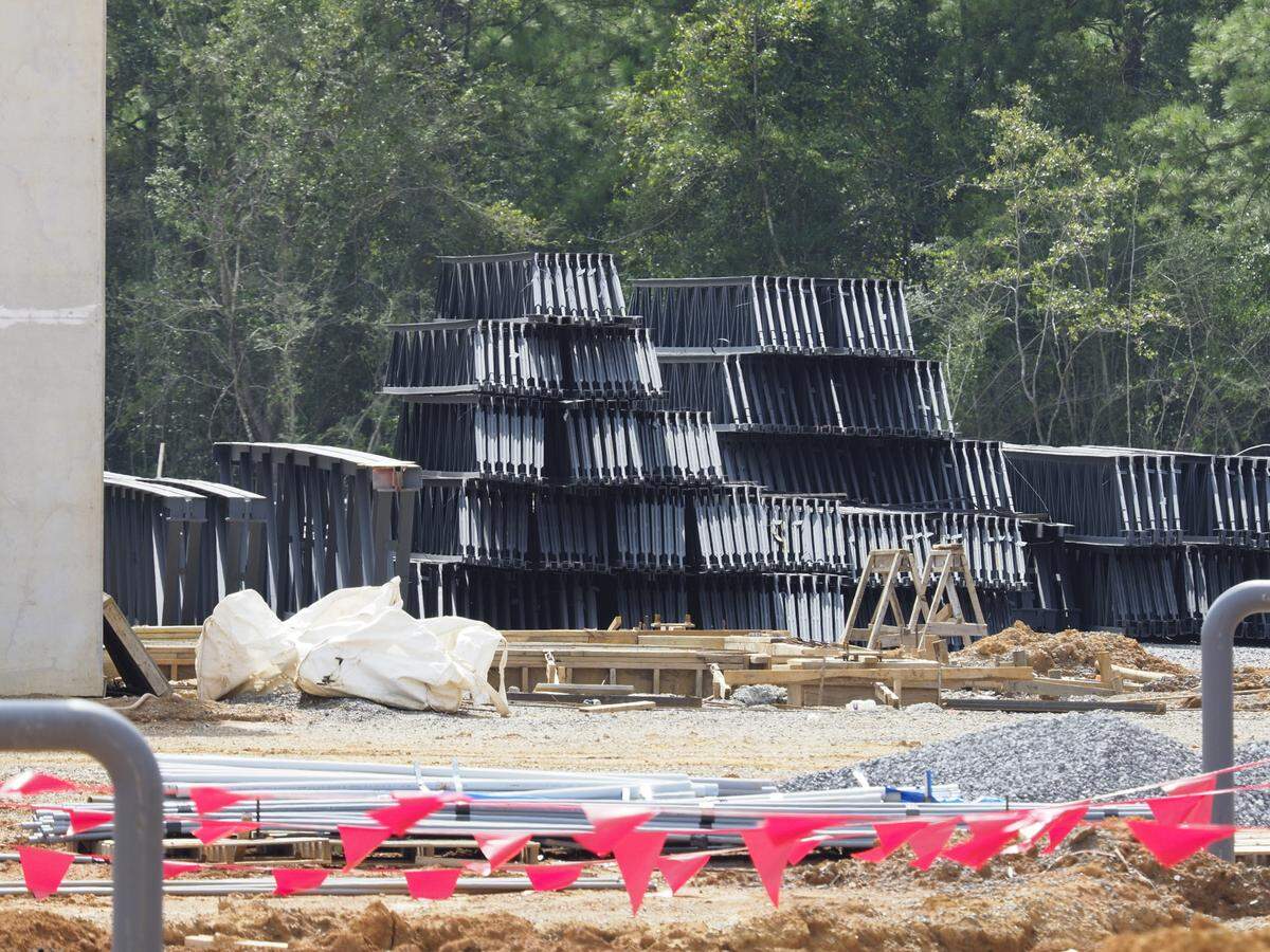 Steel roof trusses are on site, ready to be placed during the construction of the new Buc-ee’s travel center at Exit 24 of I-10 in Harrison County.